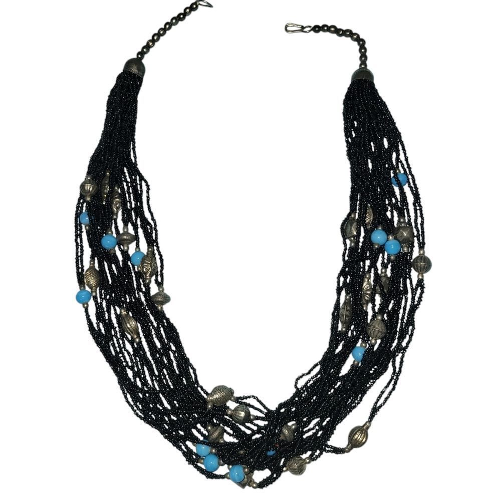 Vintage beaded 24 strands of black beads and faux blue beads and silver accents